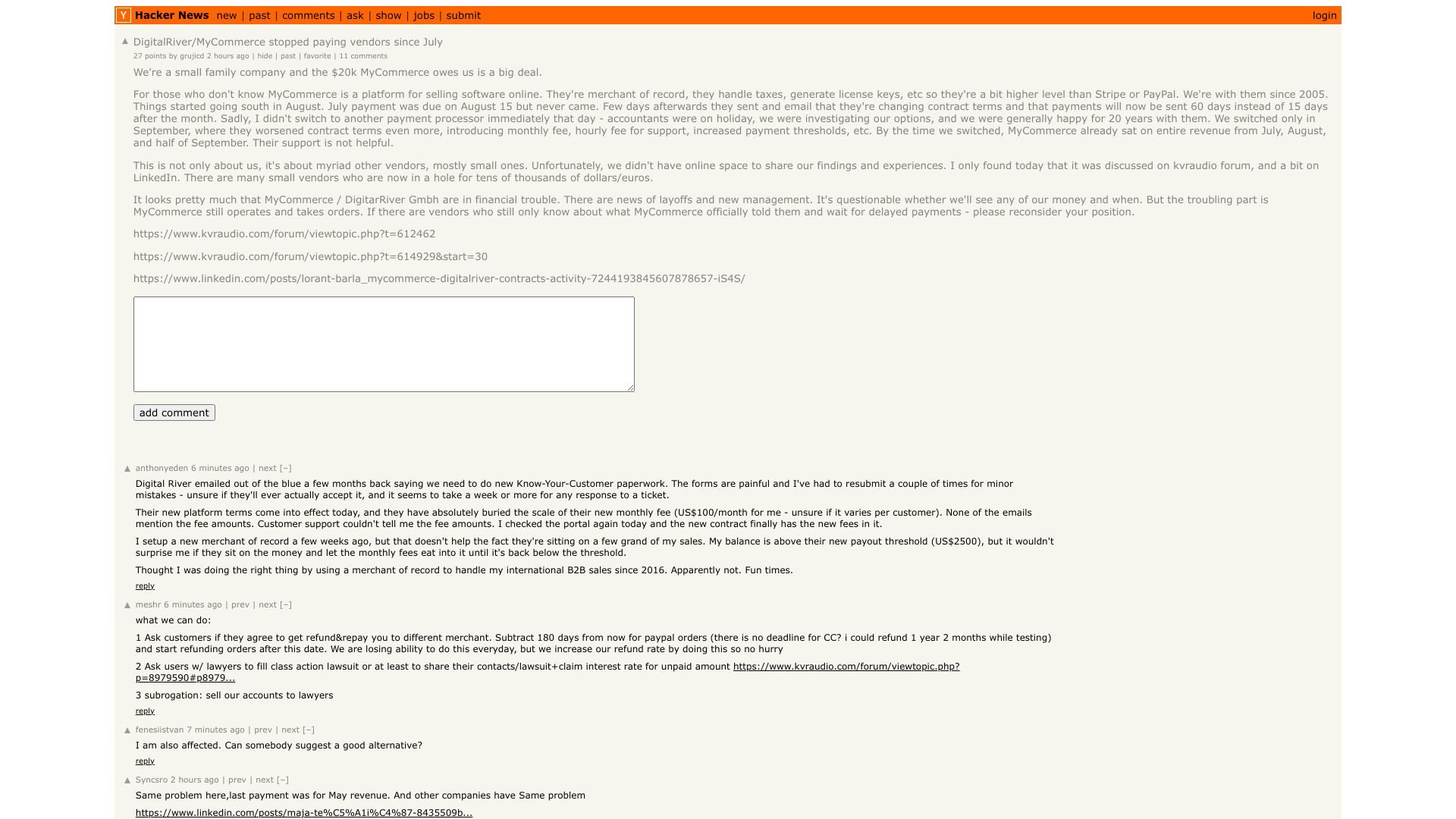 Screenshot of this Hacker News post: Tell HN: DigitalRiver/MyCommerce stopped paying vendors since July