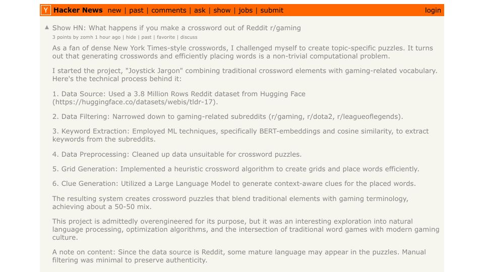 Screenshot of Hacker News post: Show HN: What happens if you make a crossword out of Reddit r/gaming
