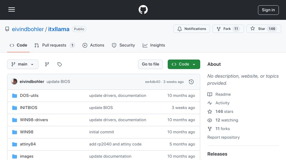 Screenshot of github.com: ITX-Llama (Vortex86EX ITX Motherboard)