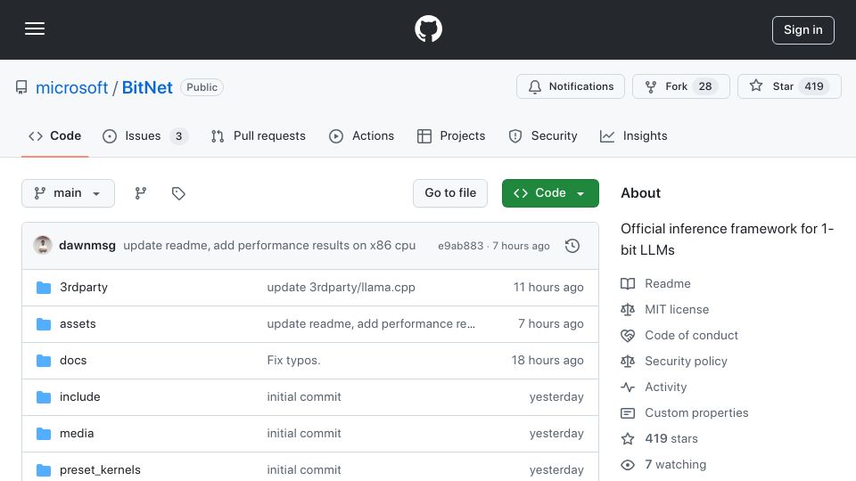 Screenshot of github.com: Microsoft BitNet: inference framework for 1-bit LLMs