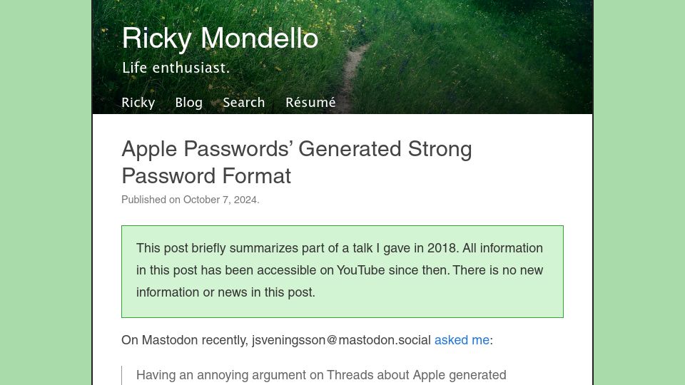 Screenshot of rmondello.com: Apple Passwords’ generated strong password format