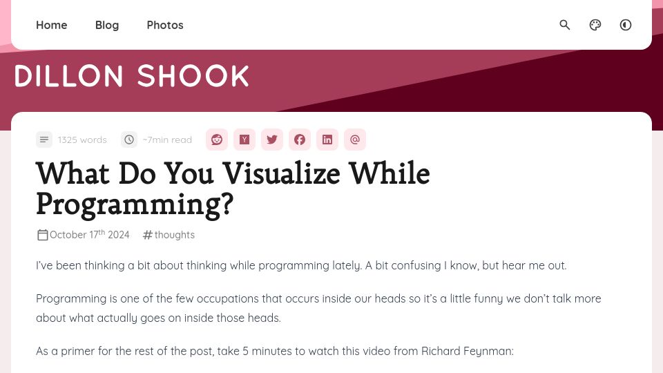 Screenshot of dillonshook.com: What do you visualize while programming?