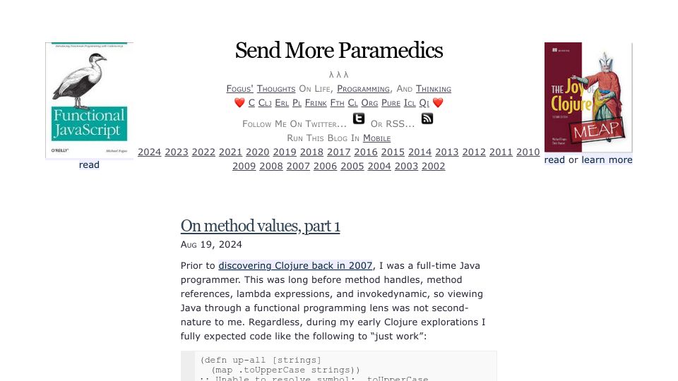 Screenshot of blog.fogus.me: Method Values