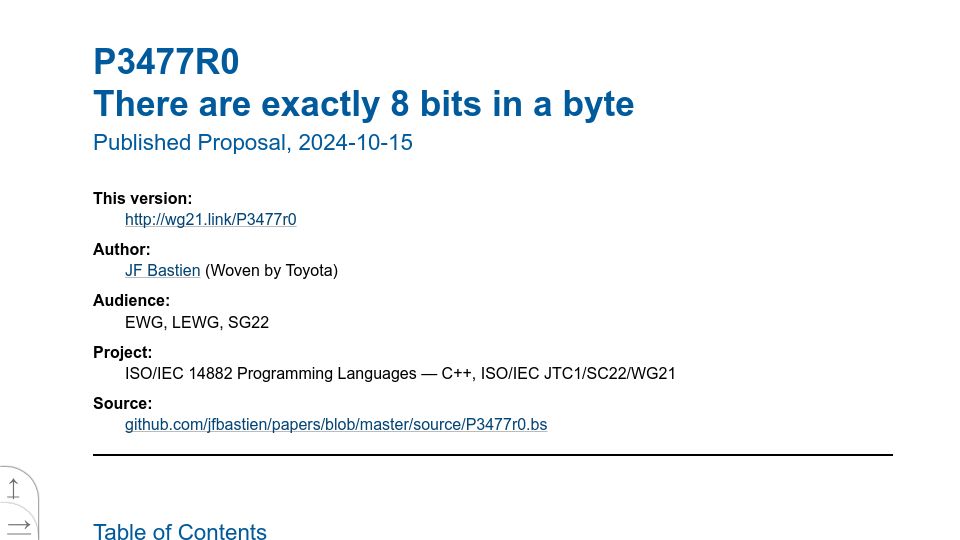 Screenshot of open-std.org: C++ proposal: There are exactly 8 bits in a byte