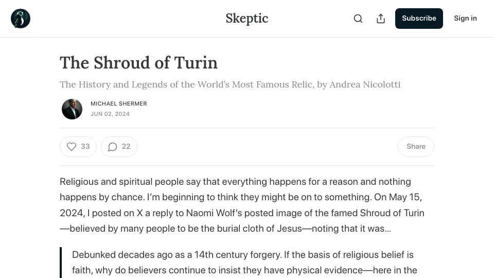 Screenshot of michaelshermer.substack.com: The Shroud of Turin: History and Legends