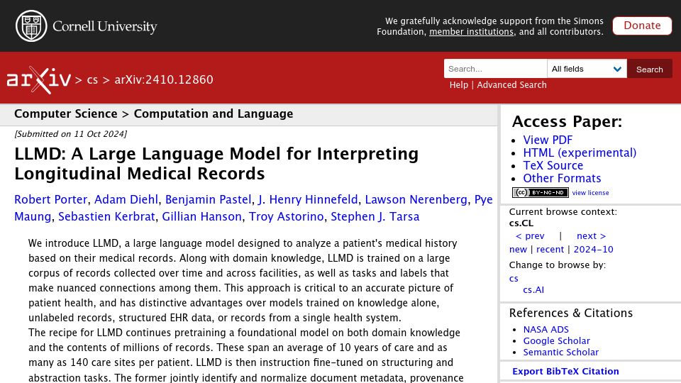 Screenshot of arxiv.org: LLMD: A Large Language Model for Interpreting Longitudinal Medical Records