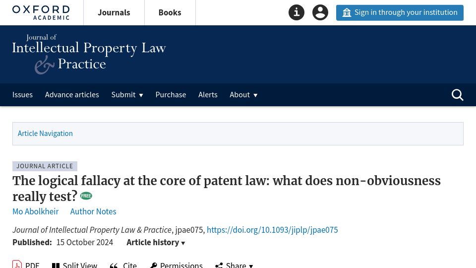 Screenshot of academic.oup.com: The logical fallacy at the core of patent law, what does non-obviousness test?
