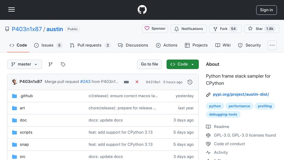 Screenshot of github.com: Austin 3.7 – Python frame stack sampler for CPython