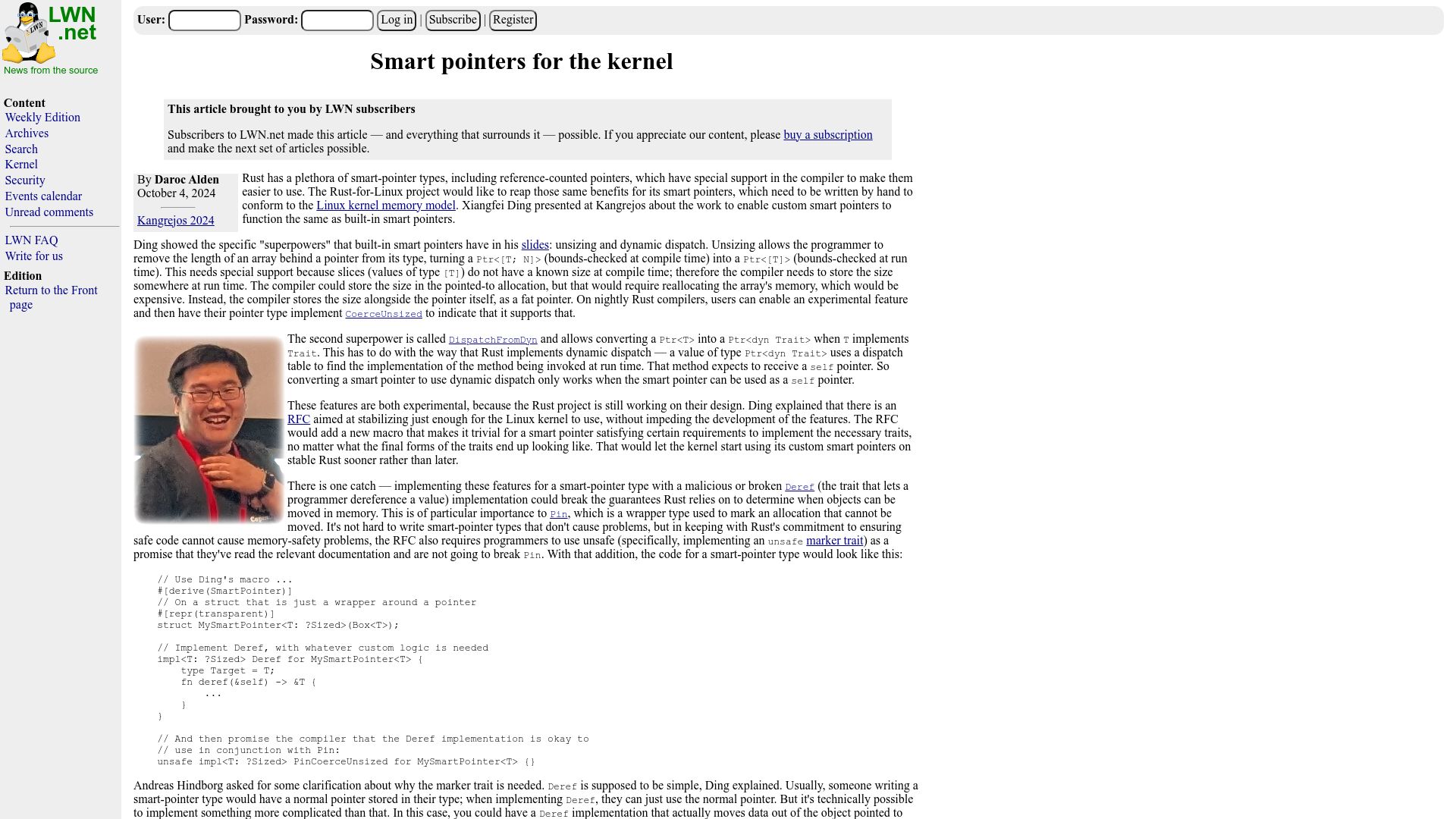 Screenshot of lwn.net: Smart pointers for the kernel