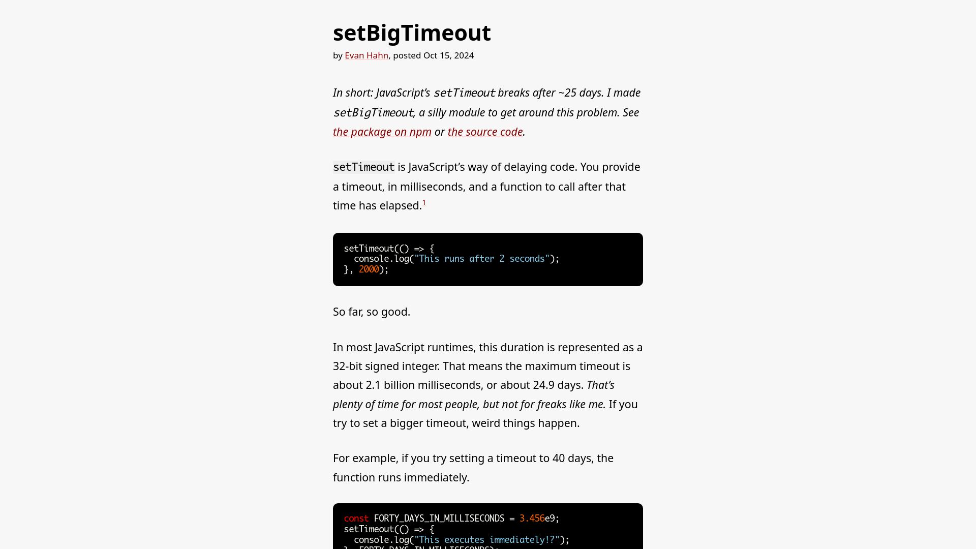 Screenshot of evanhahn.com: setBigTimeout