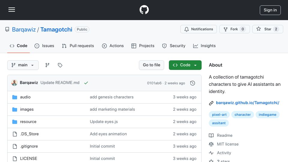 Screenshot of github.com: Show HN: Tamagotchi-like characters for AI assistants in JavaScript