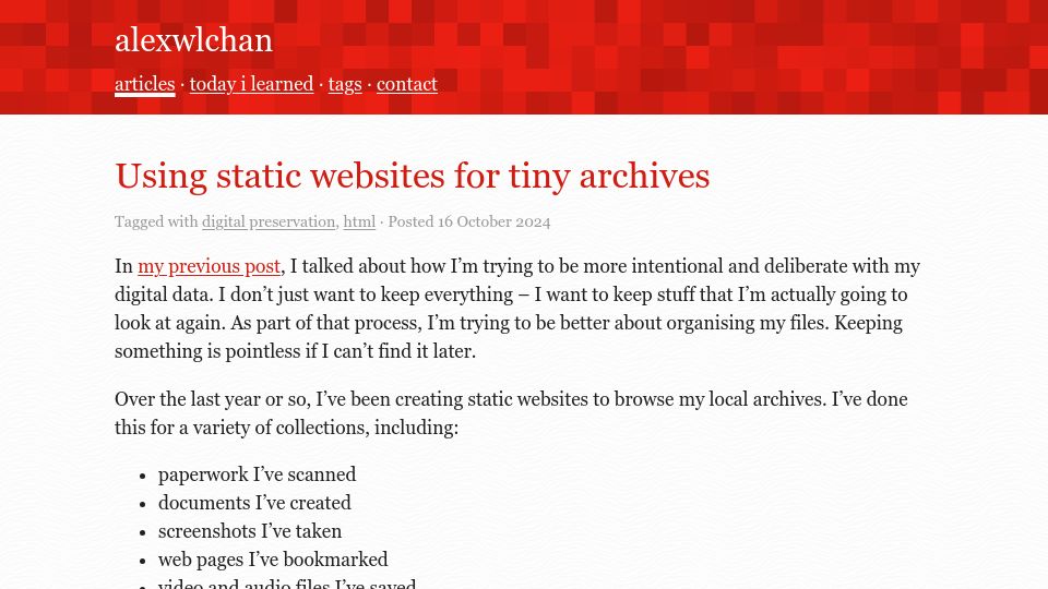 Screenshot of alexwlchan.net: Using static websites for tiny archives
