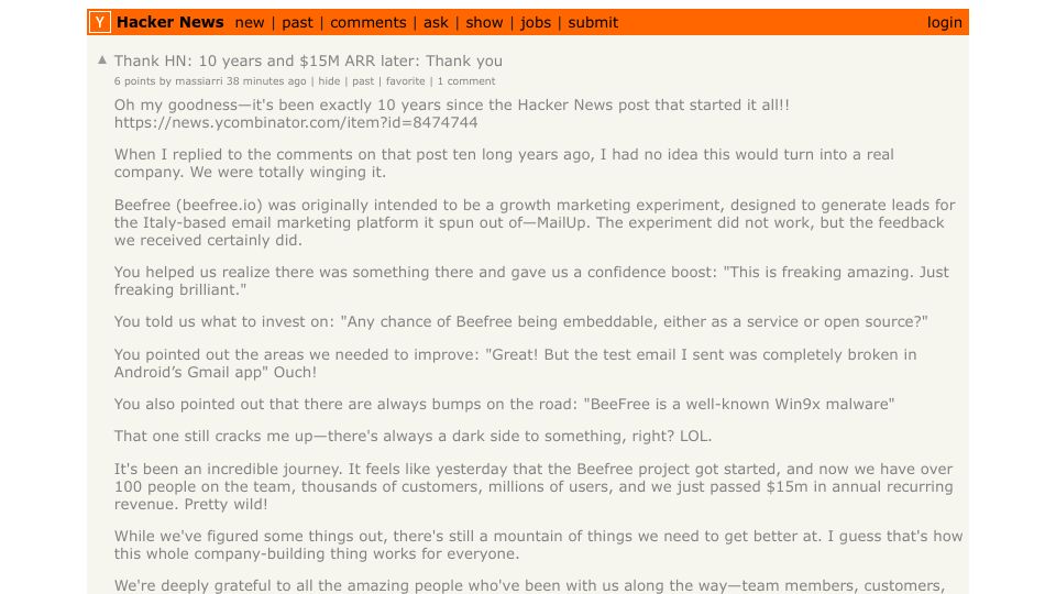 Screenshot of Hacker News post: Thank HN: 10 years and $15M ARR later: Thank you