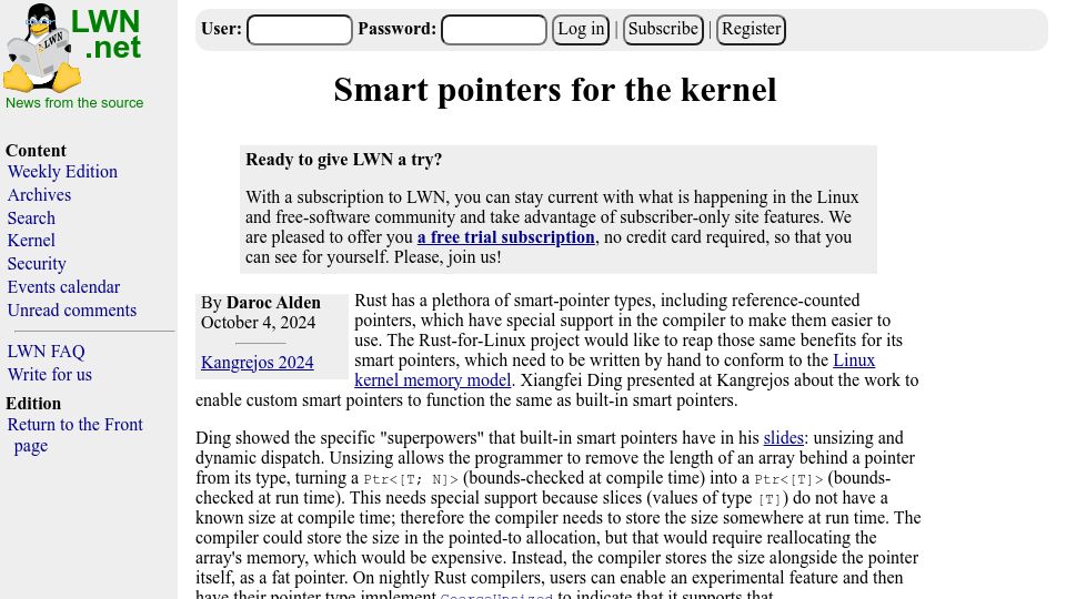 Screenshot of lwn.net: Smart pointers for the kernel