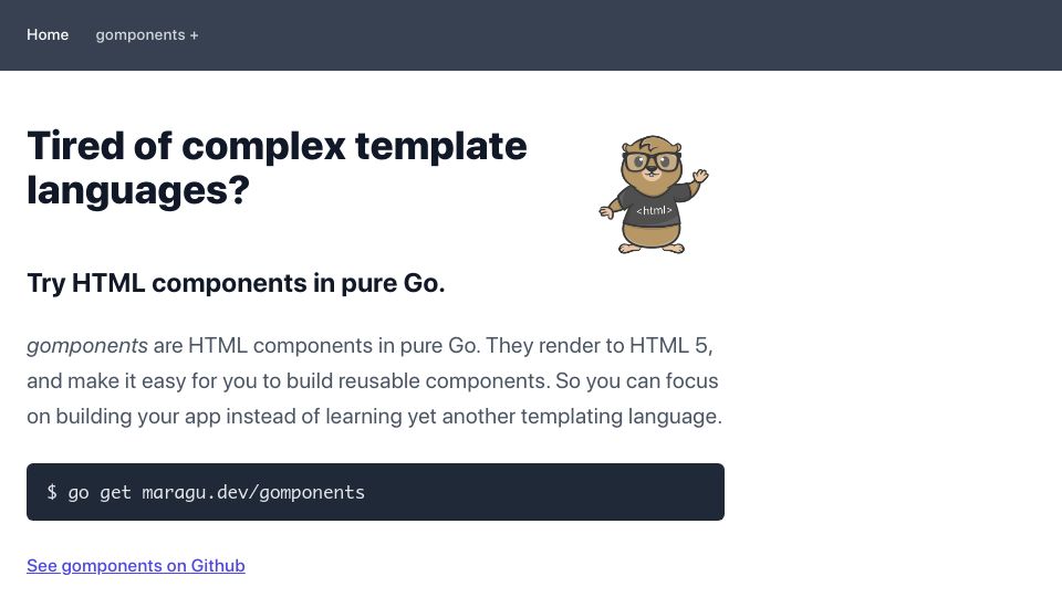 Screenshot of gomponents.com: Show HN: Gomponents, HTML components in pure Go