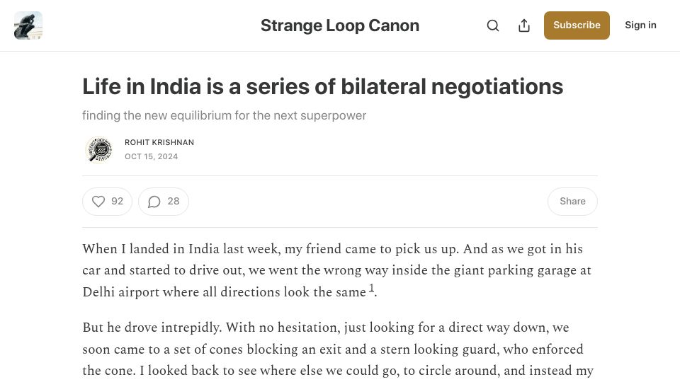 Screenshot of strangeloopcanon.com: Life in India is a series of bilateral negotiations