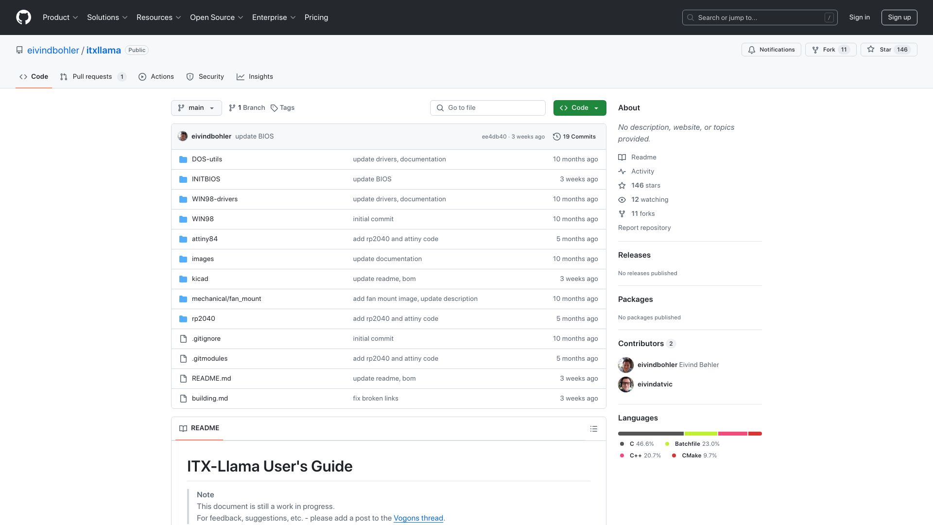 Screenshot of github.com: ITX-Llama (Vortex86EX ITX Motherboard)