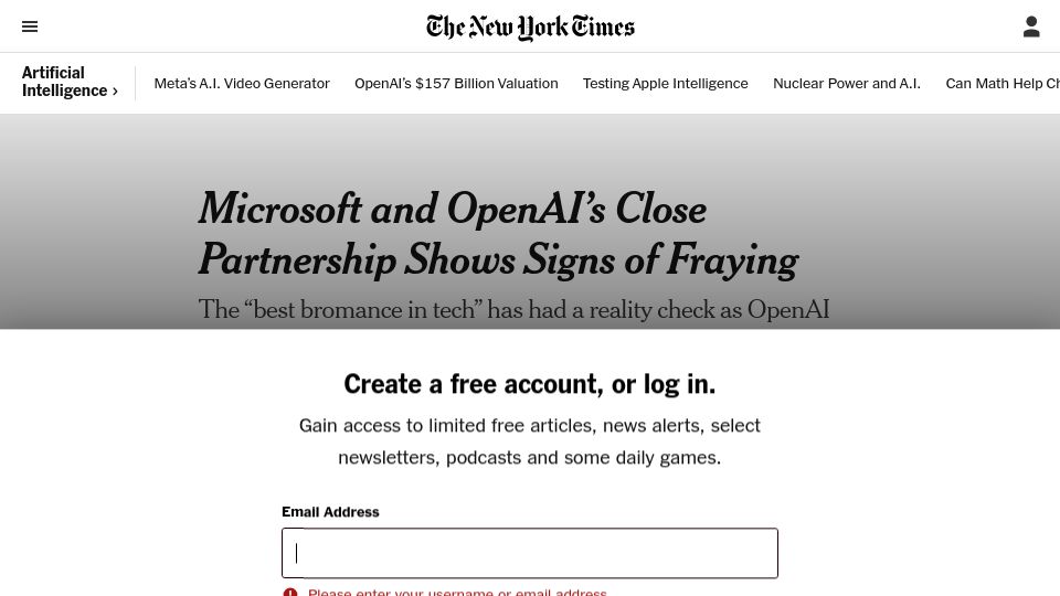 Screenshot of nytimes.com: Microsoft and OpenAI's close partnership shows signs of fraying
