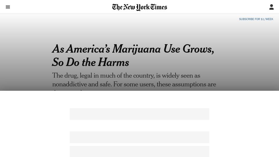 Screenshot of nytimes.com: As America's Marijuana Use Grows, So Do the Harms