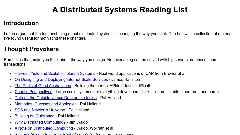 Screenshot of dancres.github.io: A Distributed Systems Reading List (2014)