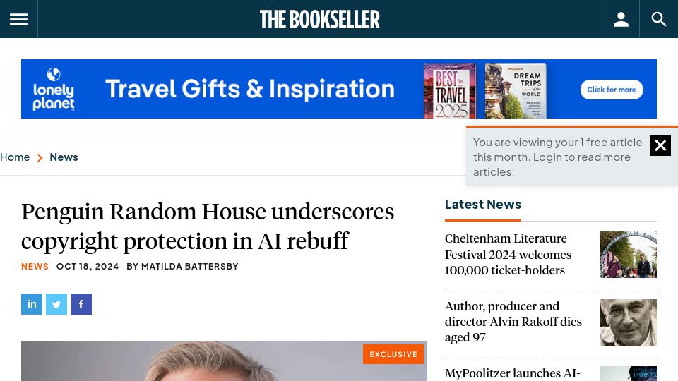 Screenshot of thebookseller.com: Penguin Random House underscores copyright protection in AI rebuff