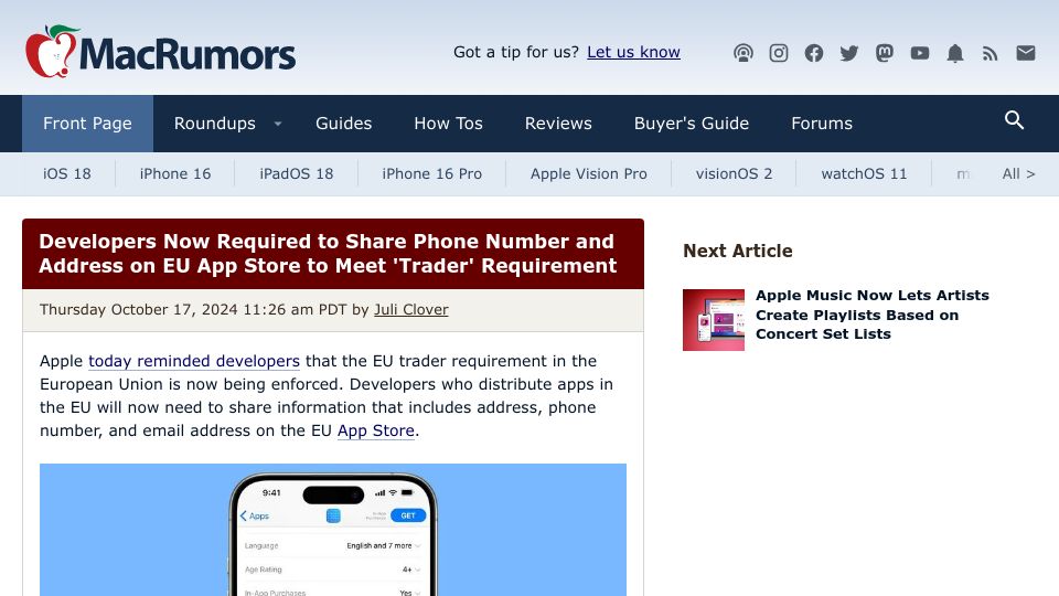 Screenshot of macrumors.com: Developers Now Required to Share Phone Number and Address on EU App Store