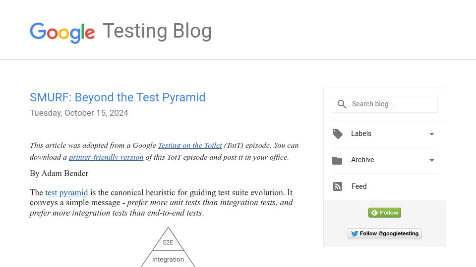 Screenshot of testing.googleblog.com: Smurf: Beyond the Test Pyramid