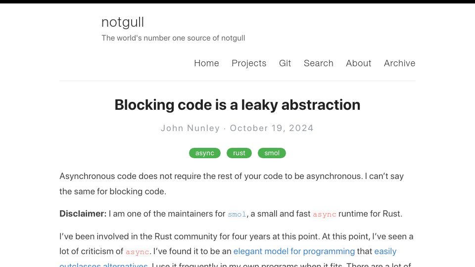 Screenshot of notgull.net: Blocking code is a leaky abstraction
