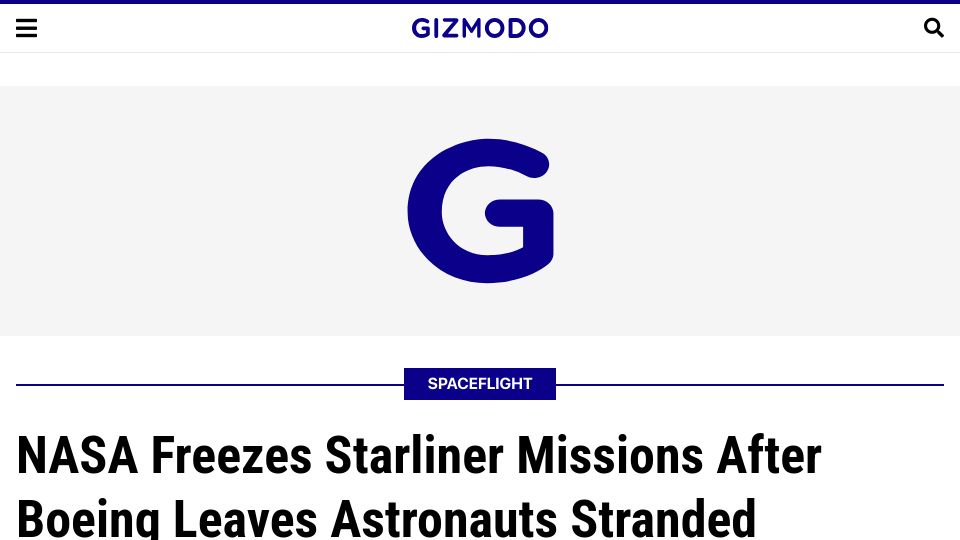 Screenshot of gizmodo.com: NASA freezes Starliner missions