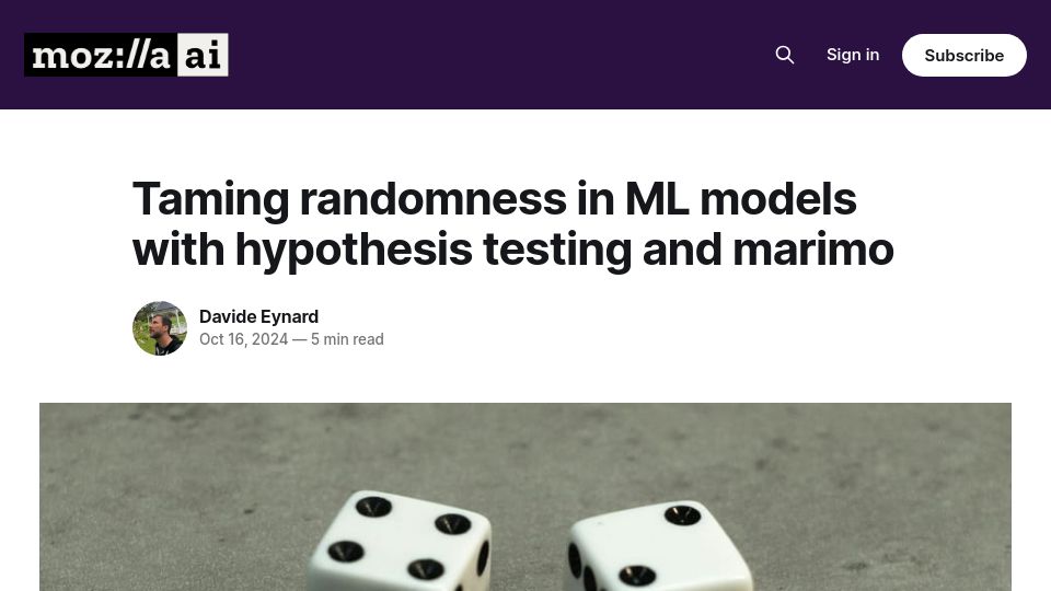 Screenshot of blog.mozilla.ai: Taming randomness in ML models with hypothesis testing and marimo