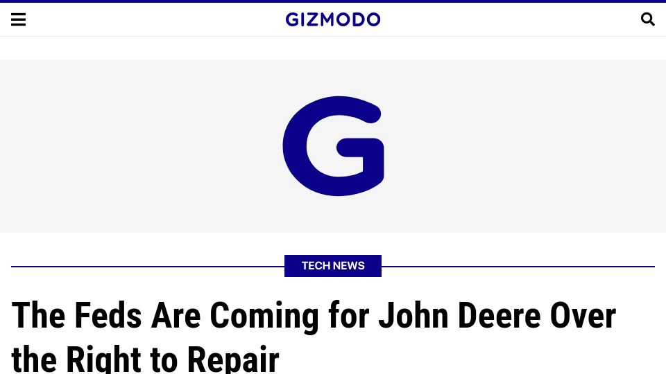 Screenshot of gizmodo.com: The feds are coming for John Deere over the right to repair