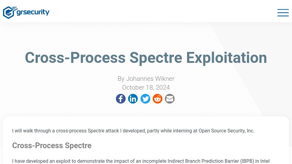Screenshot of grsecurity.net: Cross-Process Spectre Exploitation