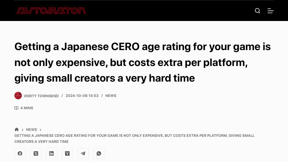 Screenshot of automaton-media.com: Getting a Japanese CERO age rating for your game costs extra per platform