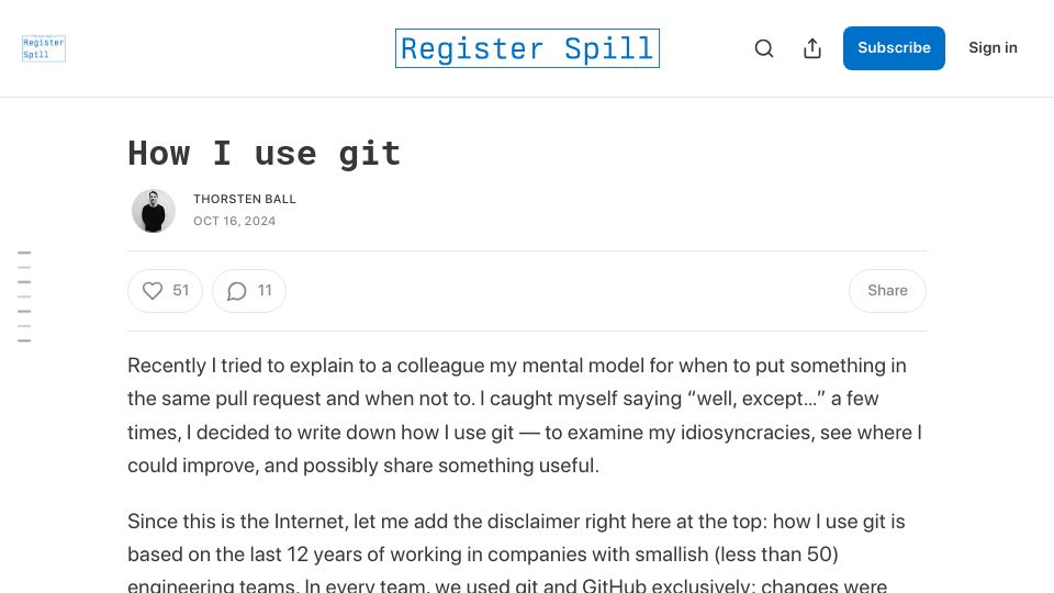 Screenshot of registerspill.thorstenball.com: How I Use Git