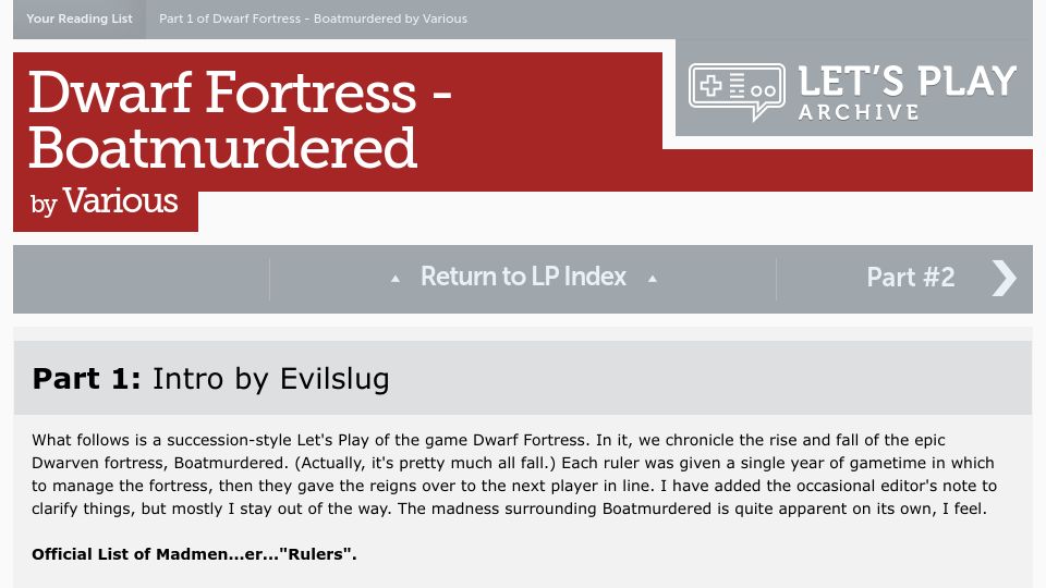 Screenshot of lparchive.org: Dwarf Fortress – Boatmurdered Part #1 – Intro (2006)