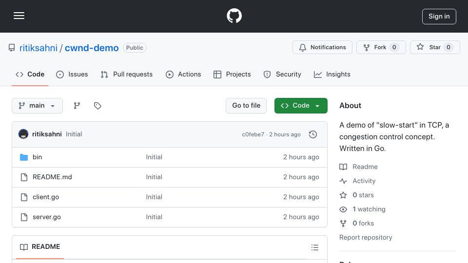 Screenshot of github.com: Show HN: TCP "slow-start" simulation in Go