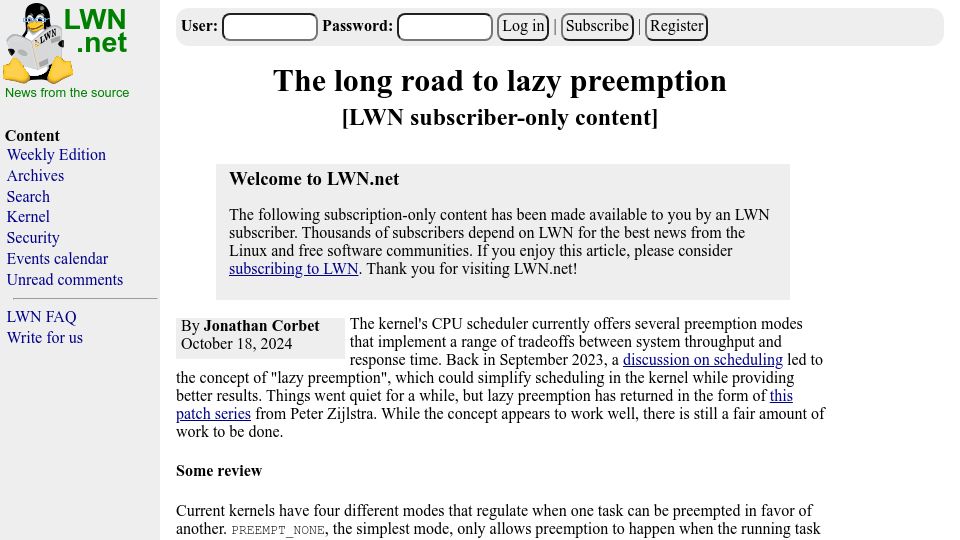 Screenshot of lwn.net: The long road to lazy preemption in the Linux CPU scheduler