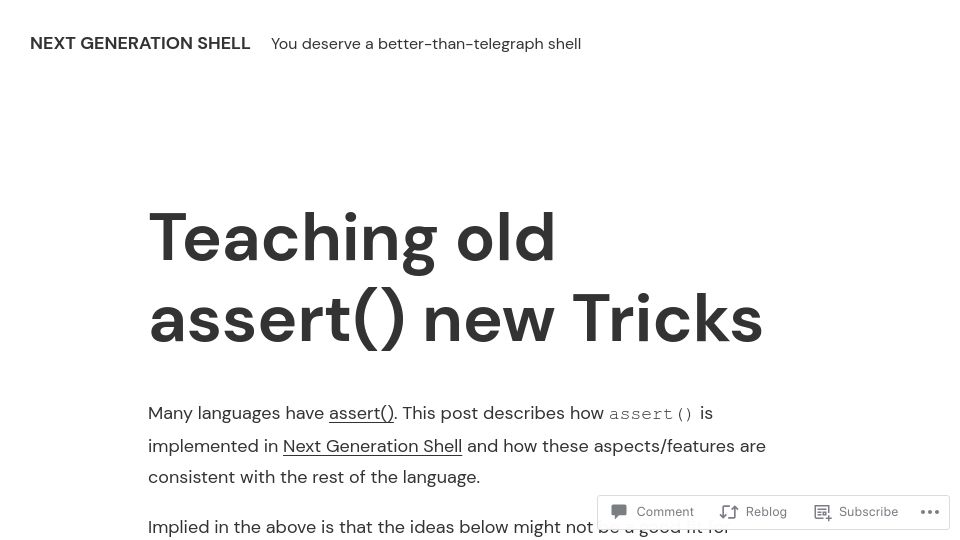Screenshot of blog.ngs-lang.org: Teaching old assert() new Tricks