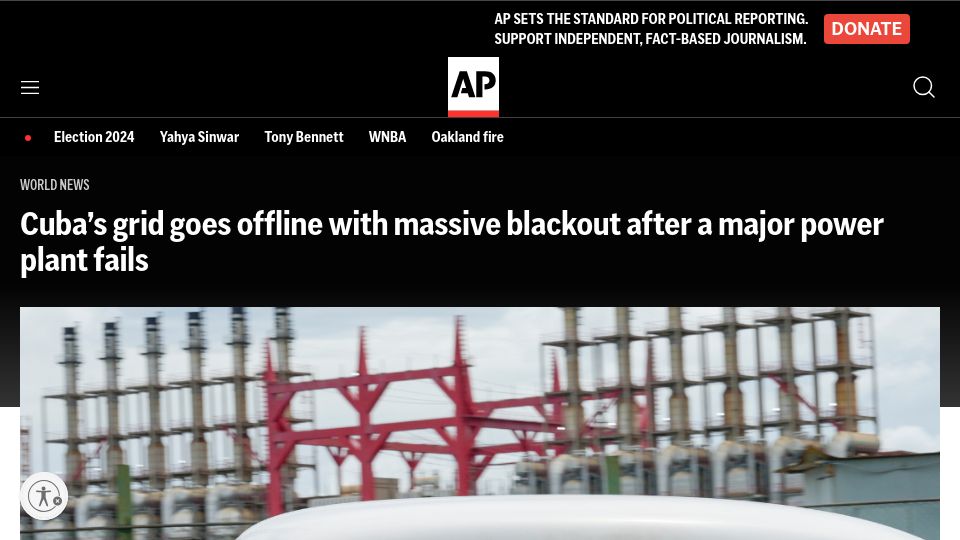 Screenshot of apnews.com: Cuba's grid goes offline with blackout after a major power plant fails