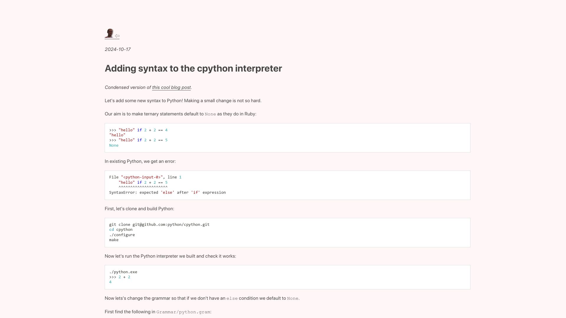 Screenshot of leontrolski.github.io: Adding syntax to the CPython interpreter