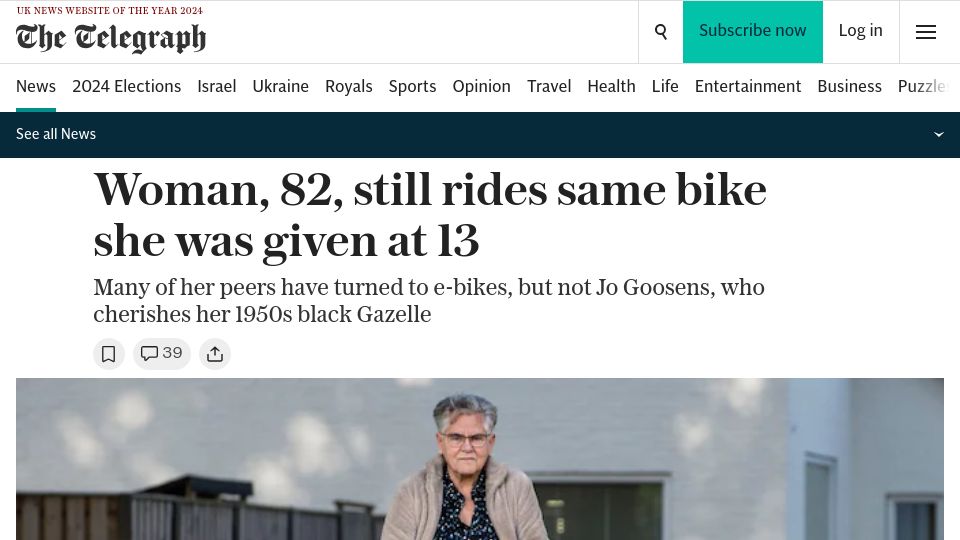 Screenshot of telegraph.co.uk: Woman, 82, still rides same bike she was given at 13