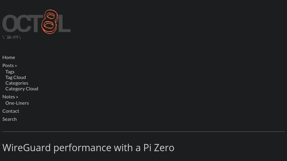 Screenshot of oct8l.gitlab.io: WireGuard Performance with a Pi Zero (2019)