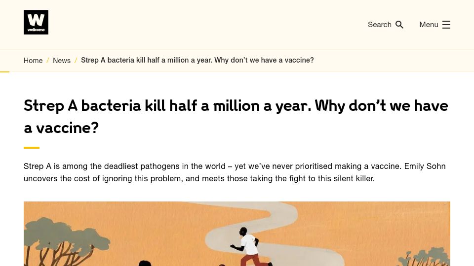Screenshot of wellcome.org: Strep A kills half a million per year; why don't we have a vaccine?