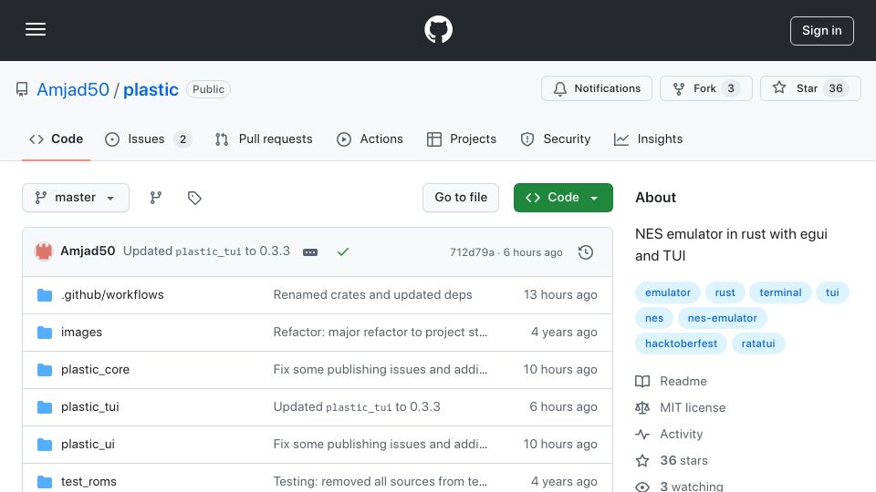 Screenshot of github.com: Plastic – A Modern NES Emulator That Works with EGUI and TUI