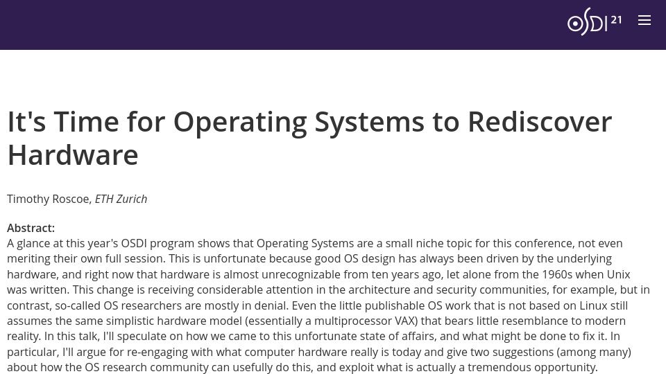 Screenshot of usenix.org: It's time for operating systems to rediscover hardware