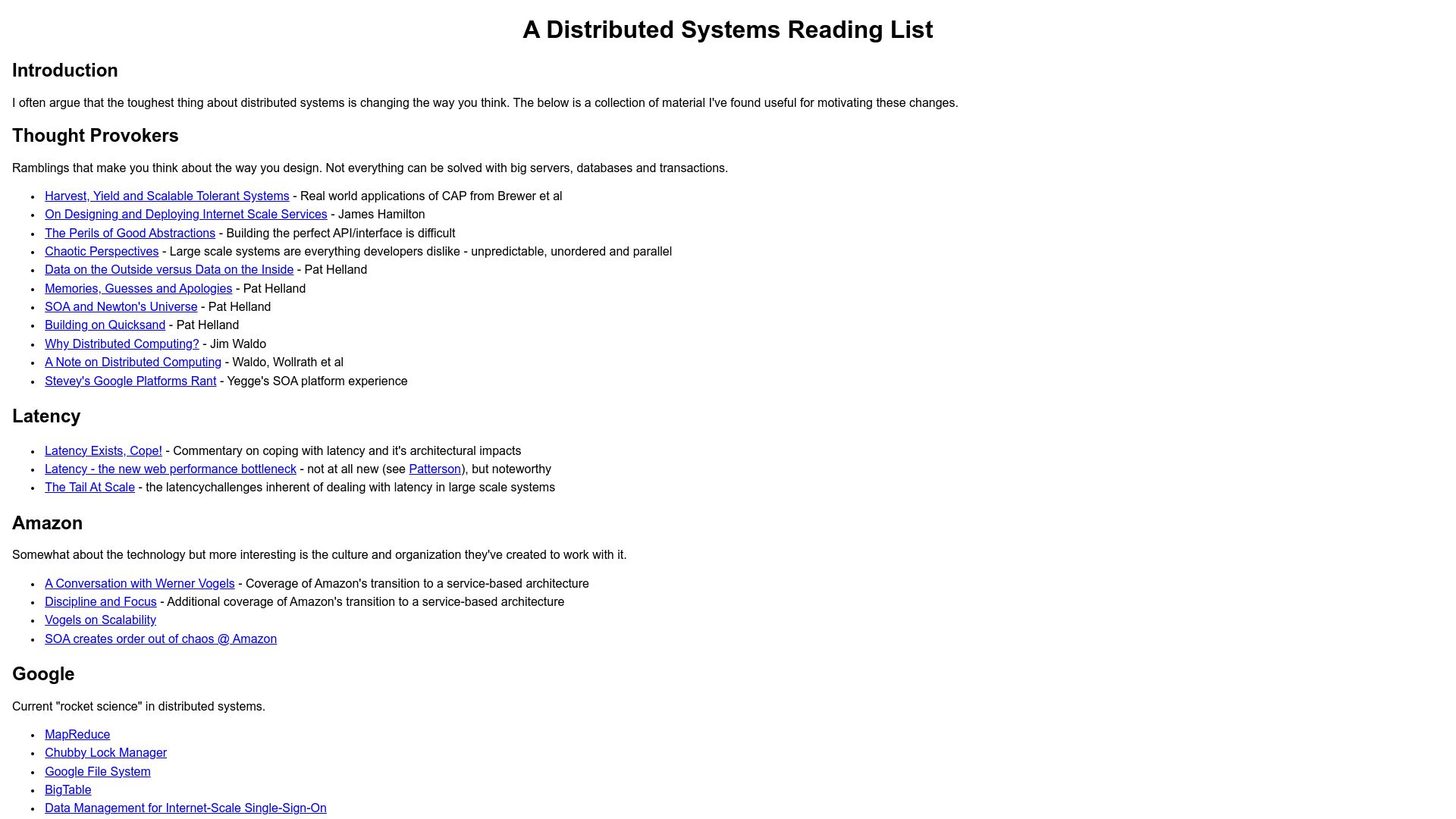 Screenshot of dancres.github.io: A Distributed Systems Reading List (2014)