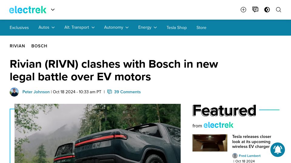 Screenshot of electrek.co: Rivian (RIVN) clashes with Bosch in new legal battle over EV motors