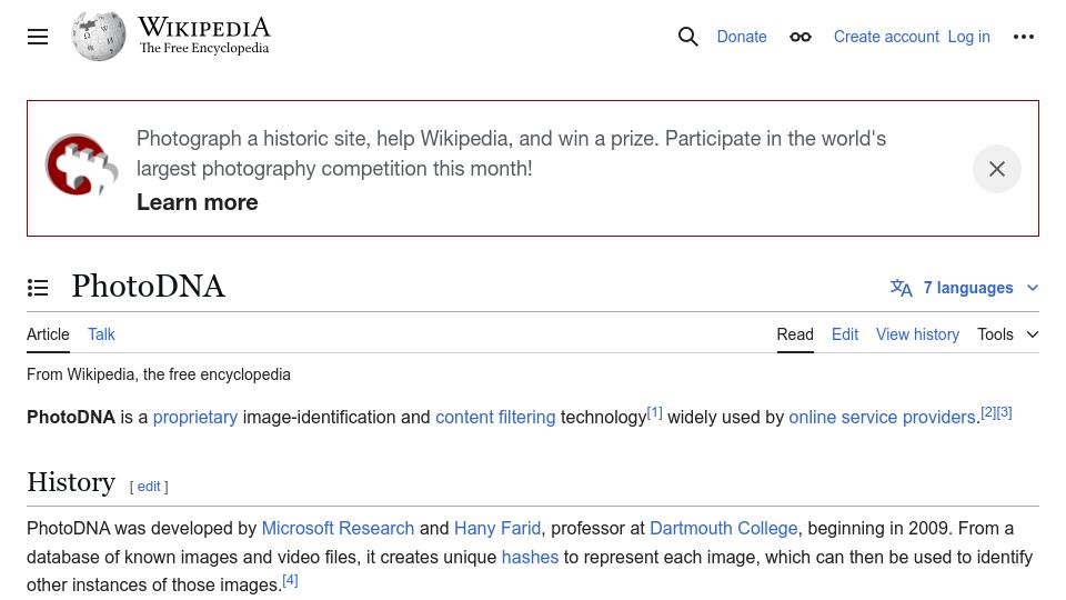 Screenshot of en.wikipedia.org: PhotoDNA