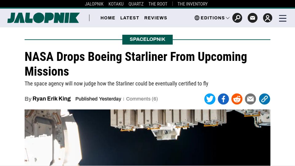 Screenshot of jalopnik.com: NASA Drops Boeing Starliner from Upcoming Missions