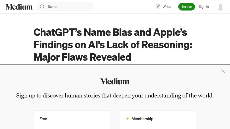Screenshot of medium.com: ChatGPT's Name Bias and Apple's Findings on AI's Lack of Reasoning